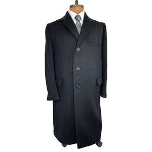 CROMBIE Wool Fabric Black Herringbone Overcoat Mens VTG Shiffer Hillman Medium